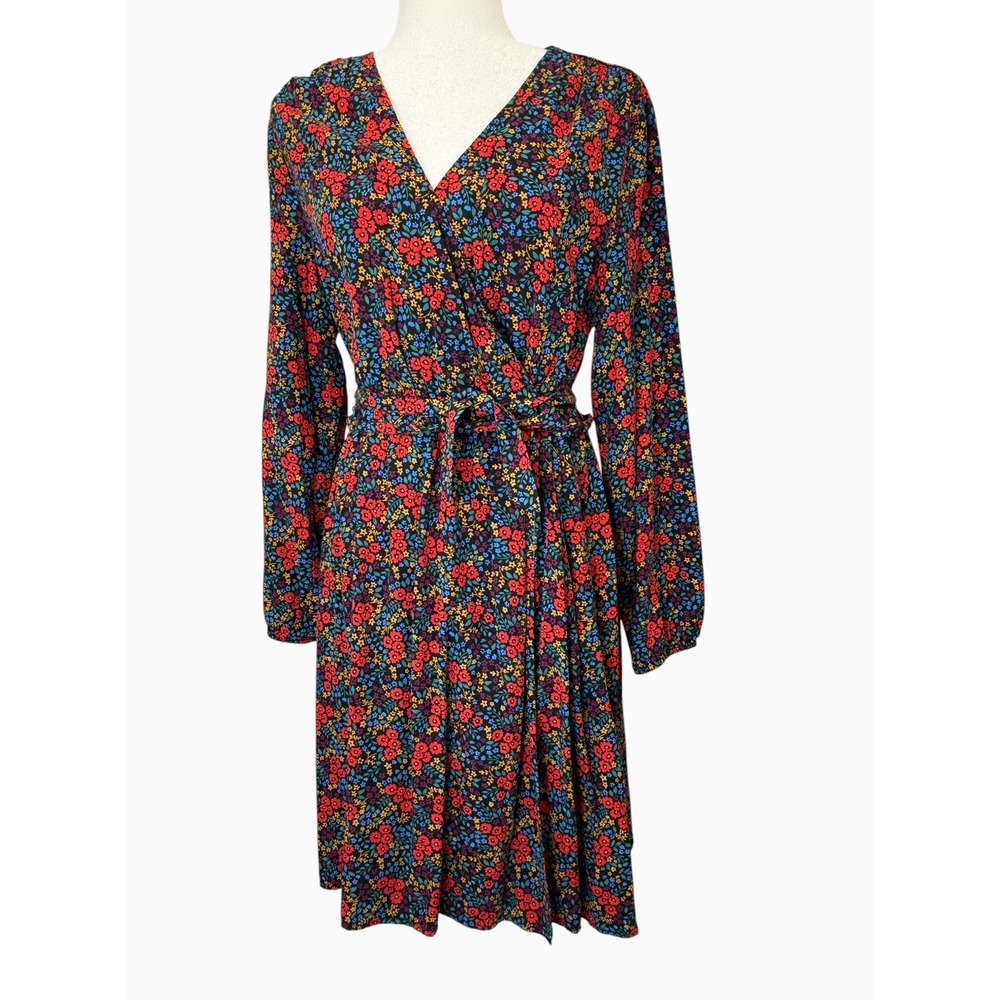 Gap Women's L Floral Wrap Dress Black Multicolor Rayon Tie Waist Long Sleeve